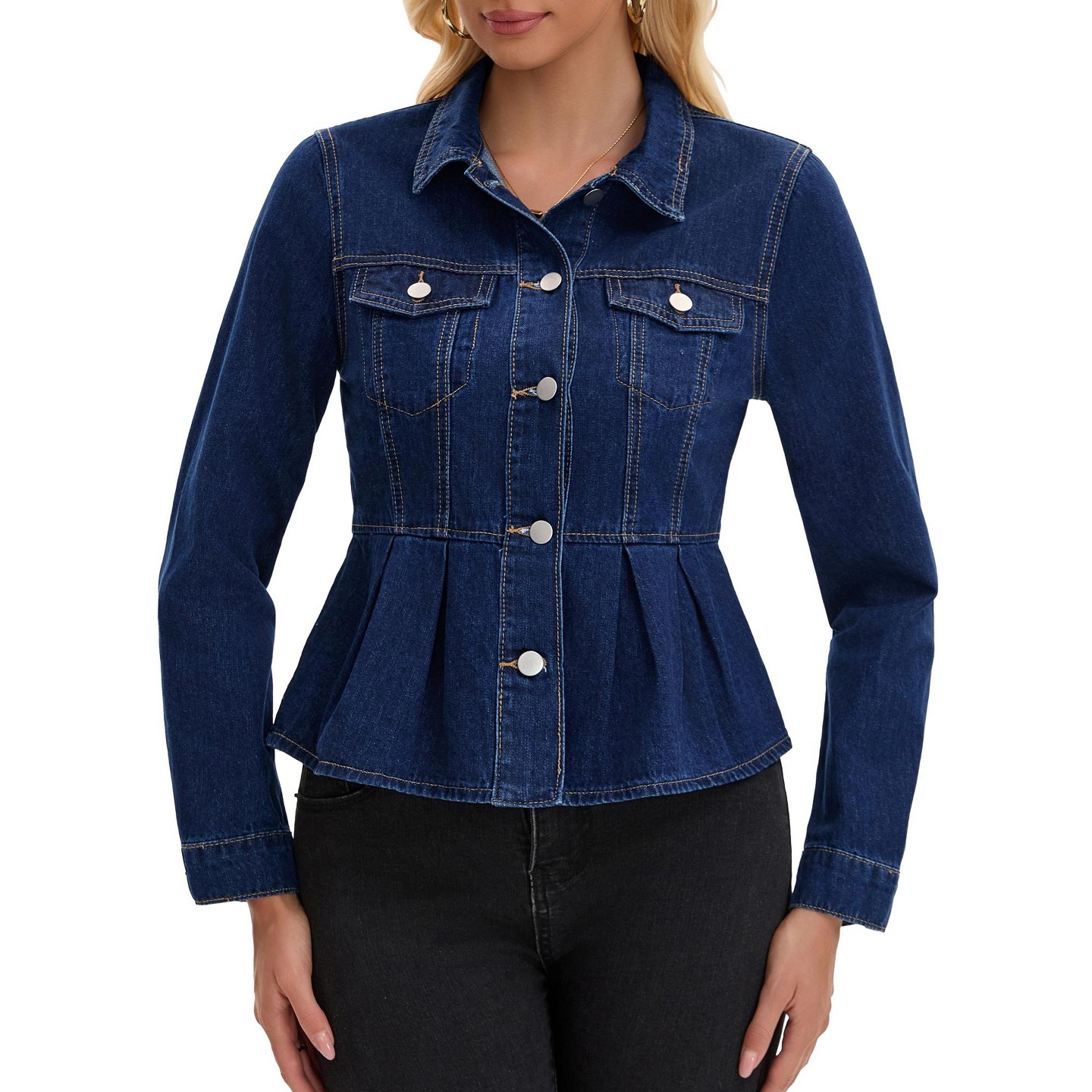 Женские куртки INSPIRE CHIC Denim Button Down Turndown Collar Long Sleeve Ruffle Hem Peplum Jean Jackets X-Large Dark Blue, цвет: Джинсовый — фото 1
