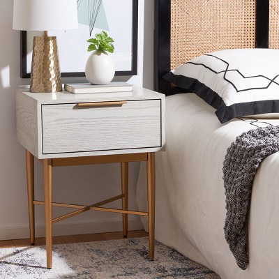 White Washed Oak and Gold 1-Drawer Nightstand