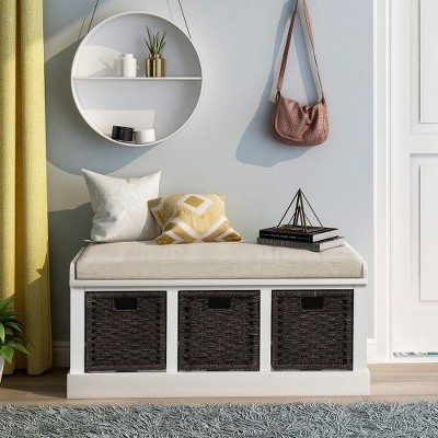 MAXZZZ Rustic Storage Bench with 3 Removable Classic Rattan Basket , Entryway Bench Storage Bench