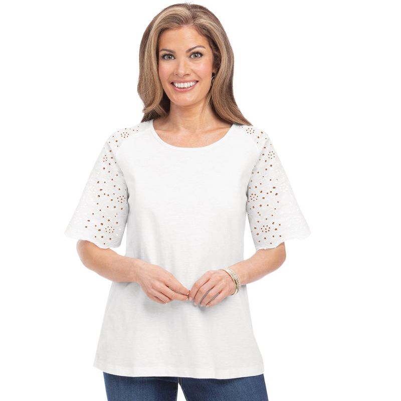 Collections Etc Flattering Scalloped Eyelet Sleeve Top with Scoop Neckline, 1 of 5