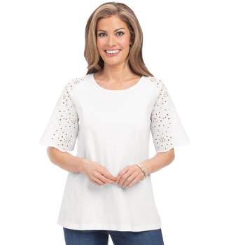 Collections Etc Flattering Scalloped Eyelet Sleeve Top with Scoop Neckline