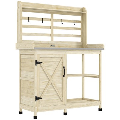 Outsunny Wooden Potting Bench, Outdoor Potting Table with Storage Cabinet, Storage Shelves, Aluminum Tabletop for Backyard, Patio, Balcony