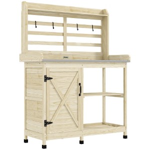Outsunny Wooden Potting Bench, Outdoor Potting Table with Storage Cabinet, Storage Shelves, Aluminum Tabletop for Backyard, Patio, Balcony - 1 of 4