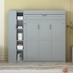 Full/Queen Size Murphy Bed Space-saving Wall Bed Foldable Bed with Shelves, Wardrobe & LED Light - ModernLuxe - 1 of 4