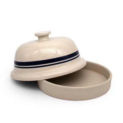 Beige and Blue Stoneware Dome Bread Baking Pan with Lid