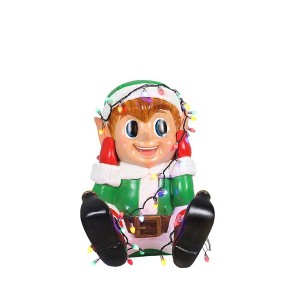 Garden Elements Fiberglass Indoor Christmas Figurine Statue Decor, Elf Boy Playing with Christmas Lights, 24" - 1 of 4