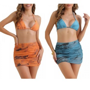 INSPIRE CHIC Women's Tie Dye Halter Tie Back Triangle Bottom Cover Up Skirt Swimwear Bikini 2 Sets - 1 of 4
