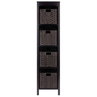 Espresso Solid Wood Terrace Storage Shelf with Chocolate Woven Baskets