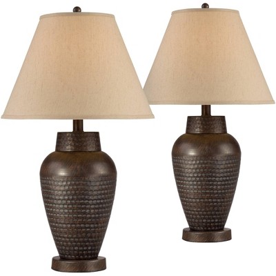 Regency Hill Modern Table Lamps Set of 2 Rustic Hammered Bronze Metal Vase Natural Linen Empire Shade for Living Room Bedroom