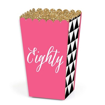 Big Dot of Happiness Chic 80th Birthday - Pink, Black and Gold - Birthday Party Favor Popcorn Treat Boxes - Set of 12