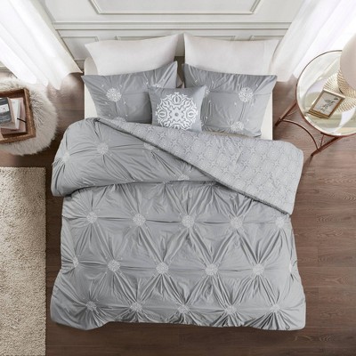 Full/Queen Alicia 4pc Embroidered Cotton Reversible Duvet Set - Gray