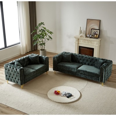 5-Seat Chenille Chesterfield Sofa Set with Tufted Buttons, Copper Nail Armrests, Metal Legs, Modern Living Room Couch