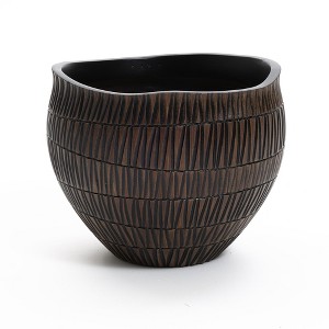 LuxenHome Brown with Black V-Pattern Polyresin 10-Inch Round Planter - 1 of 4