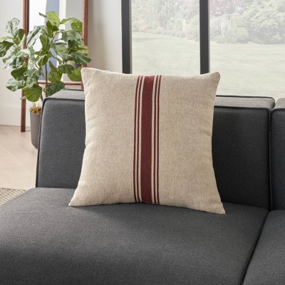 20" Maroon and Beige Cotton Linen Striped Square Throw Pillow
