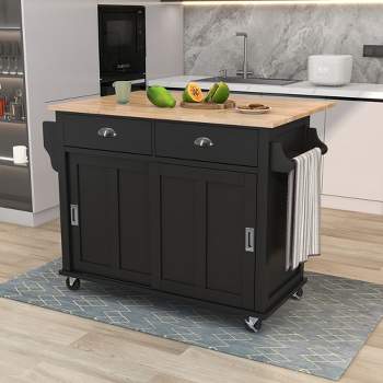 Drop-Leaf Countertop Kitchen Island, Kitchen Cart with Concealed Sliding Barn Door, Adjustable Shelf, 4 Wheels and 2 Drawers-ModernLuxe