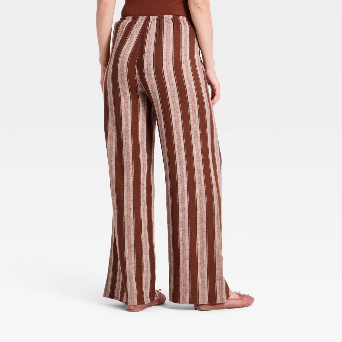 Women's Essential Linen Pull-On Pants - A New Day™ Brown Striped - thumbnail 2