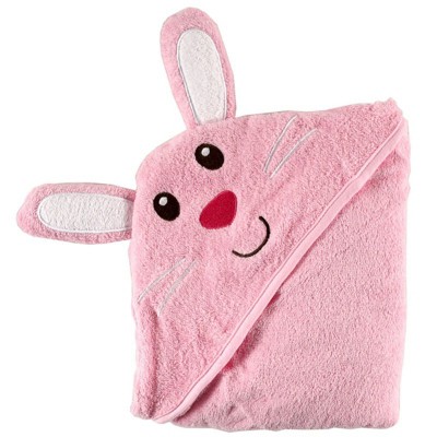 Luvable Friends Baby Girl Cotton Animal Face Hooded Towel, Bunny, One Size