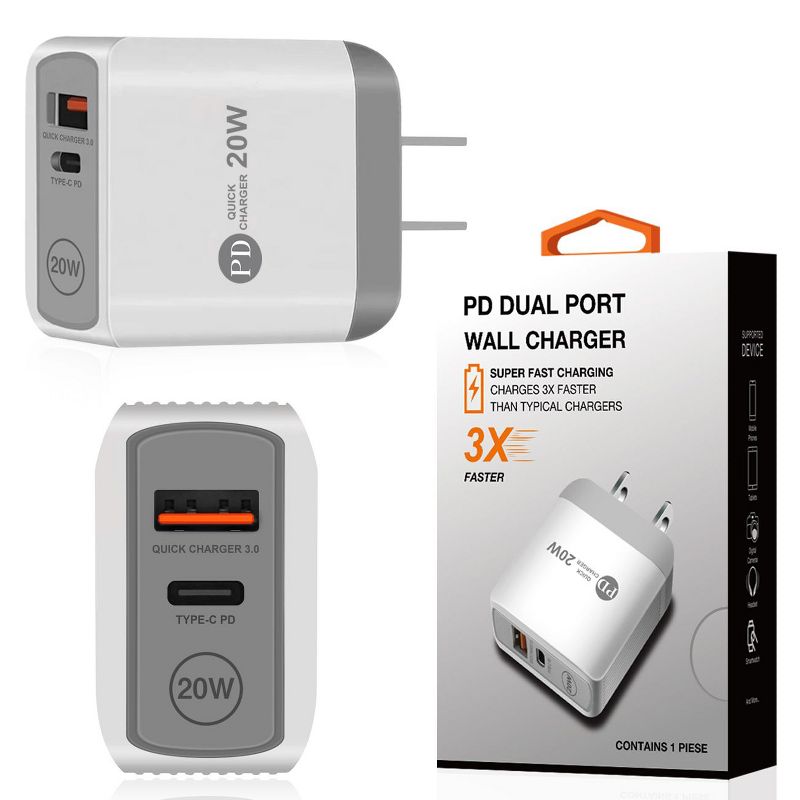 20W Power Delivery Travel Wall Charger Adapter with Dual Ports of USB and Type-C In White, 1 of 5