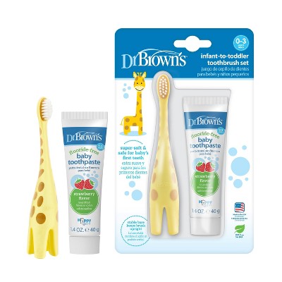 Dr. Brown's Infant-to-Toddler Training Toothbrush Set & Fluoride-Free Baby Toothpaste, Strawberry - Giraffe - 1.4oz - 0-3 years