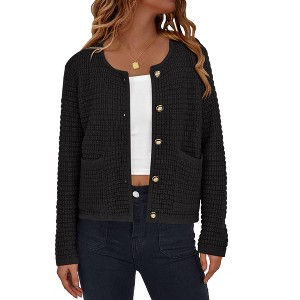 Women's Button Down Cardigan Sweater Chunky Open Front Crew Neck Causal Long Sleeve Knit Outwear with Pockets - 1 of 4