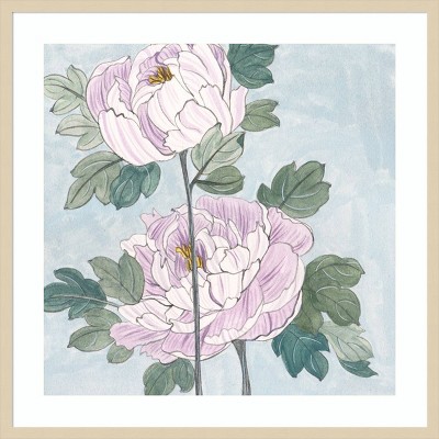 Striped Peonies IV Natural Wood Framed Wall Art Print