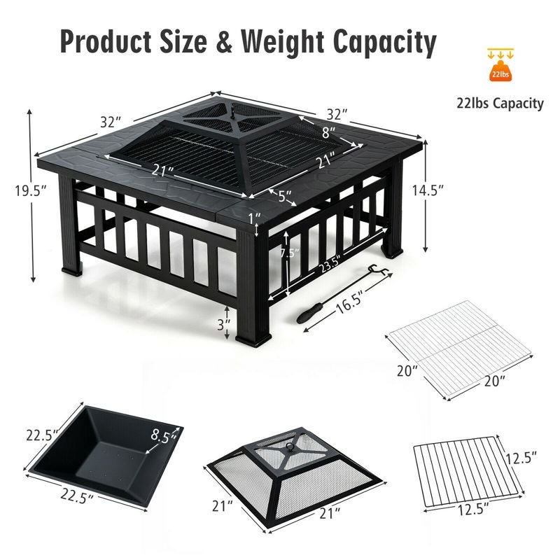 Costway 32'' 3 in 1 Outdoor Square Fire Pit Table W/ BBQ Grill, Rain Cover for Camping, 4 of 11