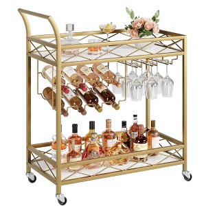 Gold 2-Tier Bar Cart with Wheels, Mobile Seving Cart with Wine & Glass Rack, Marble Shelves for Kitchen or Living Room - 1 of 4