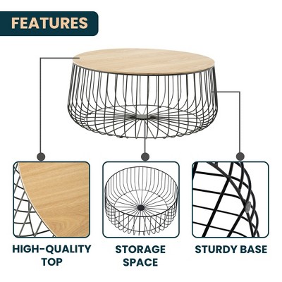 Natural Wood Round Coffee Table with Black Metal Wire Base