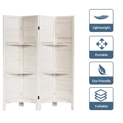 White 4-Panel Folding Room Divider with Shelves