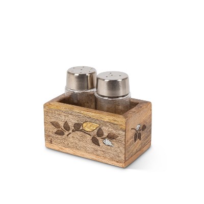 GG Collection Glass Salt & Pepper Shakers in Mango Wood with Laser and Metal Inlay Leaf Design Base