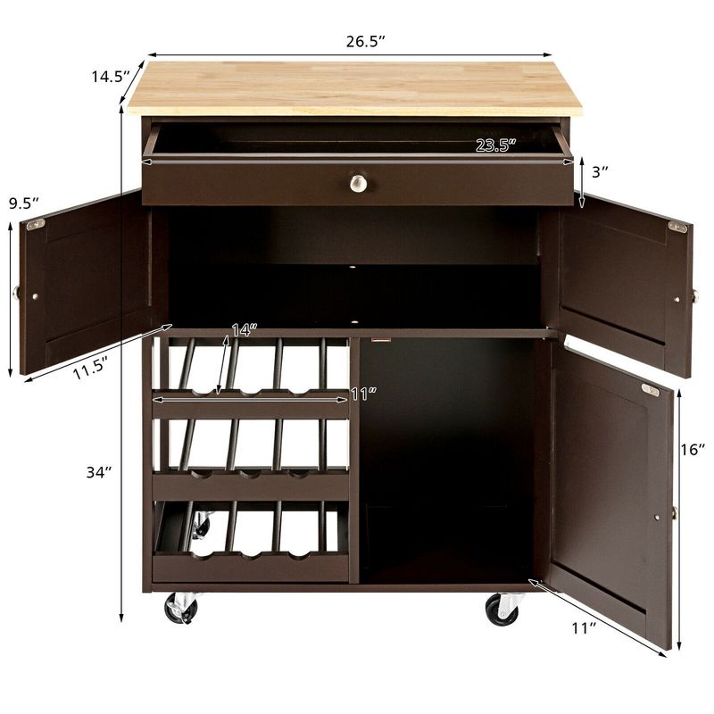 Costway Rolling Kitchen Island Serving Cart Storage Cabinet w/ Wine Rack, 3 of 14