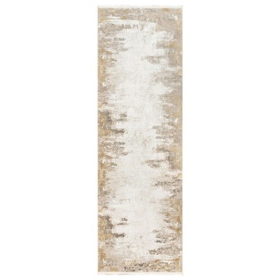 Gertmenian Florance Gela Modern Abstract Gold Ivory High-Low Indoor Viscose Acrylic Area Rug with Fringe, 2x8