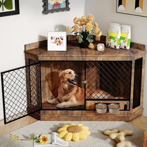 51.3" Corner Dog Crate Furniture with 360¡ã Rotating Feeder, Decorative Dog Crates Dog Cage TV Stand Wooden Dog Kennel End Table - 1 of 4