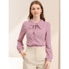 INSPIRE CHIC Women's Peter Pan Collar Bow Tie Neck Puff Long Sleeve Workwear Button Blouses - 2 of 4