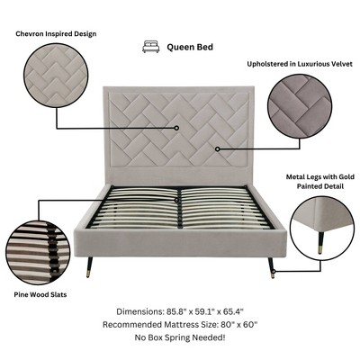 Queen Cream Velvet Upholstered Bed with Chevron Headboard