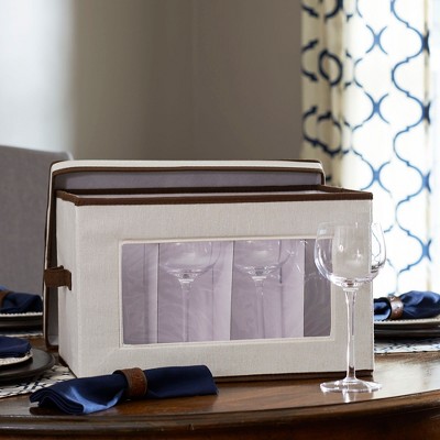 Natural Fabric Collapsible Stemware Storage Box with Lift Off Lid