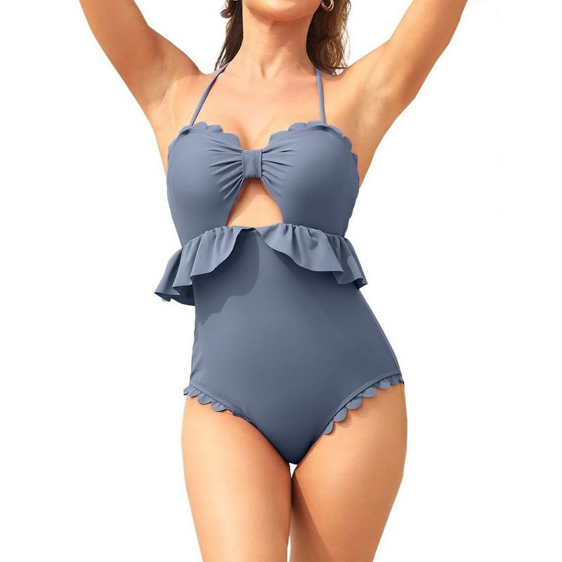 Women Halter One Piece Swimsuits Ruffle Cut Out Tie Knot Front Swimwear Tummy Control Bathing Suits, 1 of 9
