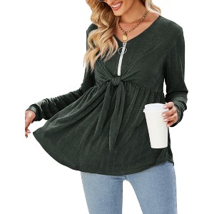 Women's Long Sleeve Front Knot Tops V Neck Ruffle Hem Casual Shirt Zip Up Flowy Blouses - 1 of 4