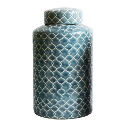 Stoneware Hand-Painted Ginger Jar with Fret Pattern - Blue - 3R Studios