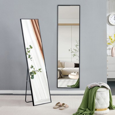 Glasflength Full Length Mirrors Floor Standing Wall Mirror, Bedroom Foyer Clothing Store Wall Mounted Mirror, Aluminum Alloy Square Gold 20"*63"