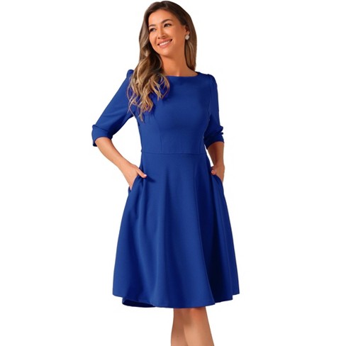 INSPIRE CHIC Women s Boat Neck Half Sleeves Midi Flared Office Dresses Royal Blue Medium