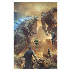 Trends International Justice League vs. Godzilla vs. Kong - Street Battle Framed Wall Poster Prints - 1 of 4