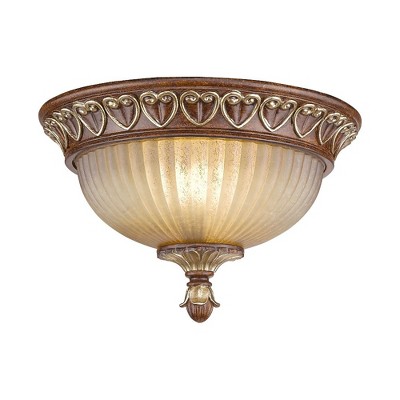 Verona Bronze & Aged Gold Leaf Dual-Light Flush Mount with Rustic Art Glass
