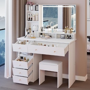 Okak Modern Left Bedside Storage Vanity Table with Sliding LED Mirror,Dressing Desk with Cushioned Stool,Makeup Table Set for Bedrooms - 1 of 4