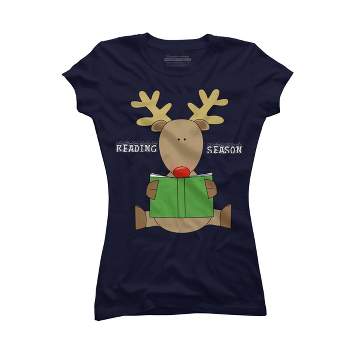 Junior's Design By Humans Christmas Reading Reindeer Shirt By Galvanized T-Shirt