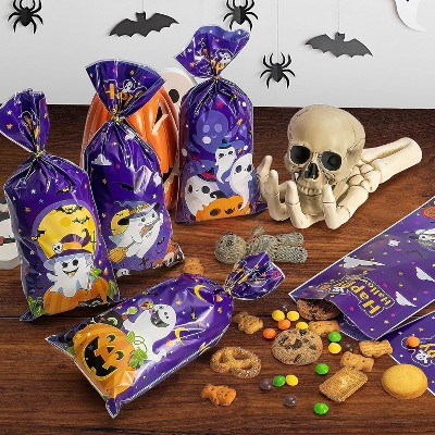 Hachikiko 60 Pcs Halloween Treat Bags with Golden Twist Ties,4 Styles Candy Bags, Food-Grade Plastic Cellophane Goodie Bags for Trick or Trea
