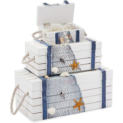 Juvale 3-Pack Wooden Jewelry Boxes Set with Handles, Nautical and Beach Decor (3 Sizes)