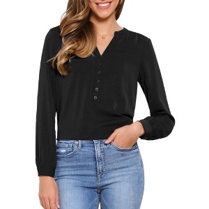 INSPIRE CHIC Women's Long Lantern Sleeve V Neck Button Front Dressy Top - 1 of 4