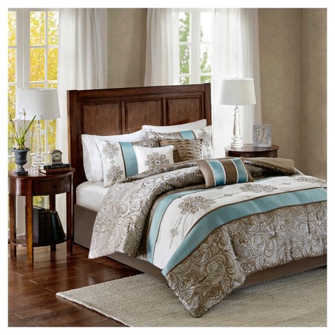 Madison Park Blue Sharon Jacquard Comforter Set King 7pc: Traditional Bedding, Midweight Polyester, Includes Shams & Decorative Pillows