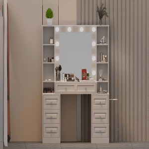 Resenkos Vanity Desk with Lighted Mirror & Charging Station, Makeup Dressing Table with Adjustable Lights for Bedroom White - 1 of 4